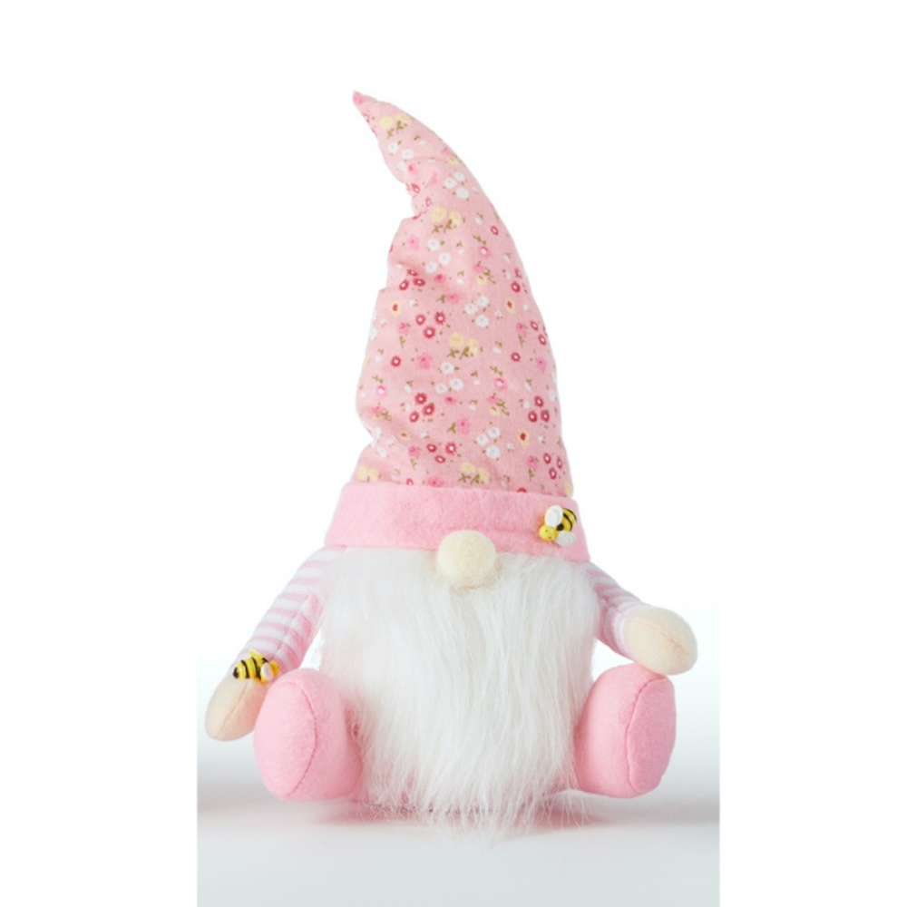 Pink Floral Sitting Gnome w Bumble Bee  New